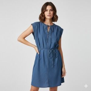 Gilli Dress Women's Large Denim Chambray‎ Tie Neck Cap Sleeve Belted A Line